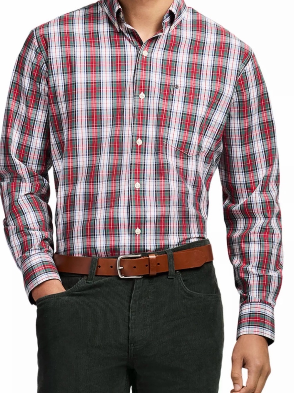 Izod Men’s Red, White & Green Plaid Button-Down Shirt